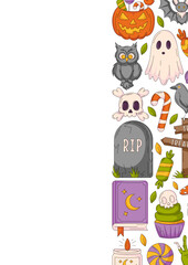 Halloween poster, vertical a4 vector background, space for text. Colorful holiday icons, right side border frame. Spooky ghost, spell book, skull and bones. For banner, invitation, party, planner