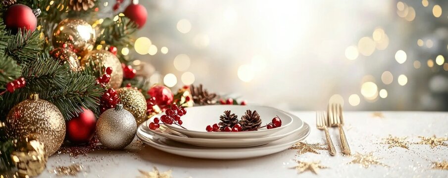 Christmas table setting. A festive holiday table setting featuring a white plate, gold cutlery, and evergreen decorations with ornaments, set against a light background
