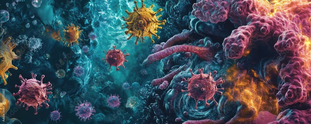 Poster close-up view of colorful viruses and bacteria in a vibrant microscopic world. perfect for biologica