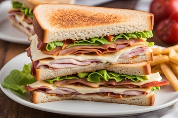 Classic club sandwich with layers of turkey bacon lettuce tomato and mayonnaise on toasted bread, AI Generated