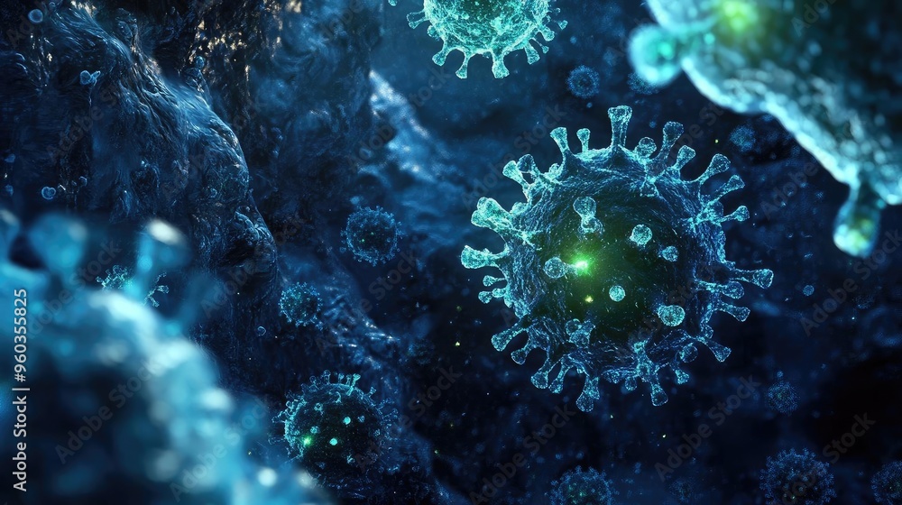 Poster a detailed microscopic view of viruses showcasing their unique structure and vibrant colors, represe