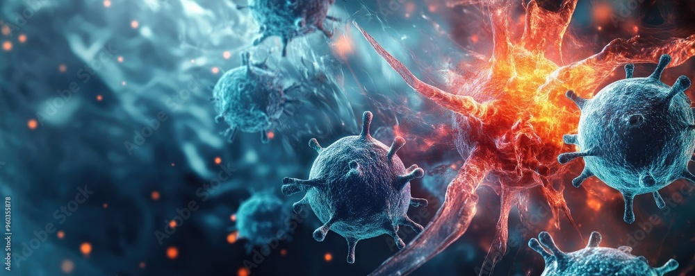 Poster Dynamic representation of viruses illustrating the complexity of microbial interactions in a vivid and abstract manner.
