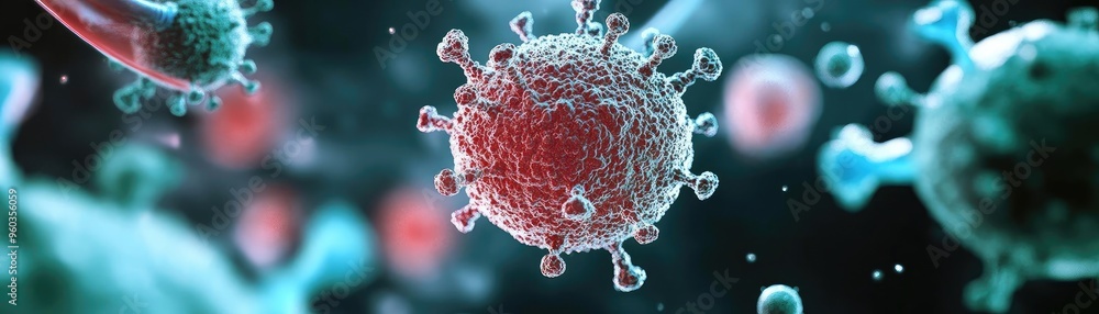 Poster a detailed depiction of a virus under a microscope, showcasing its intricate structure and vibrant c
