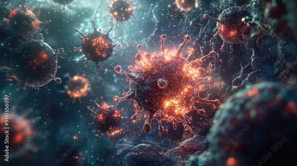 Poster A detailed close-up of a virus in vibrant colors, showcasing its structure and biological complexity, perfect for medical and scientific themes.