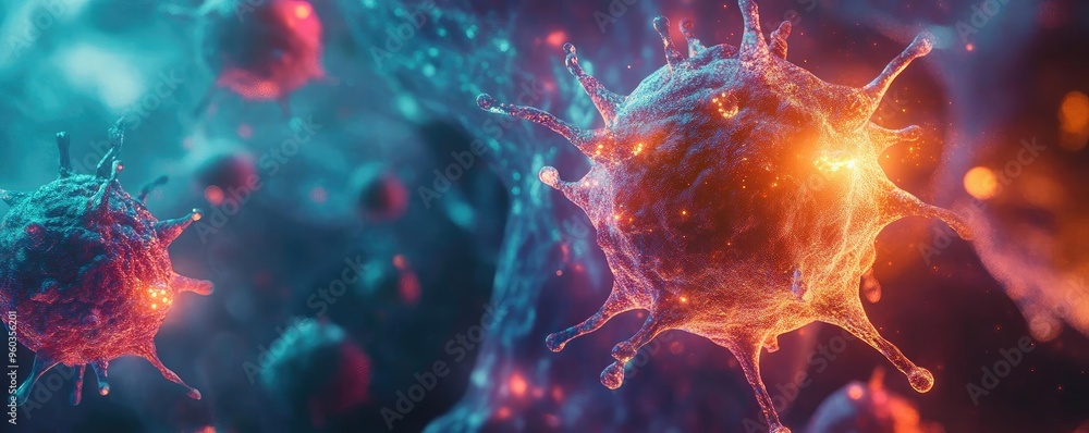 Poster Colorful microscopic view of viruses and cells, showcasing vibrant structures and intricate details in a digital illustration.