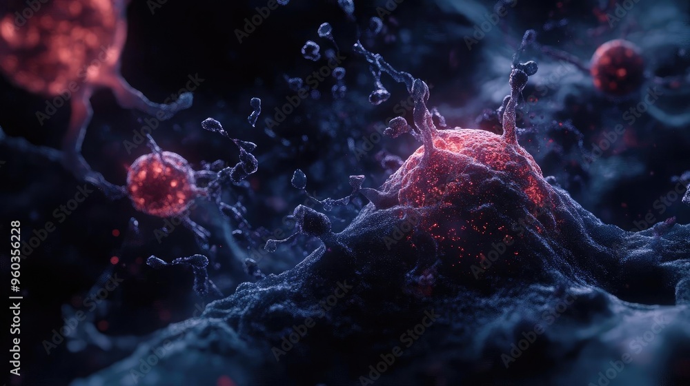 Poster An abstract view of cells in a vibrant and colorful digital representation, showcasing the complexity of microscopic life.