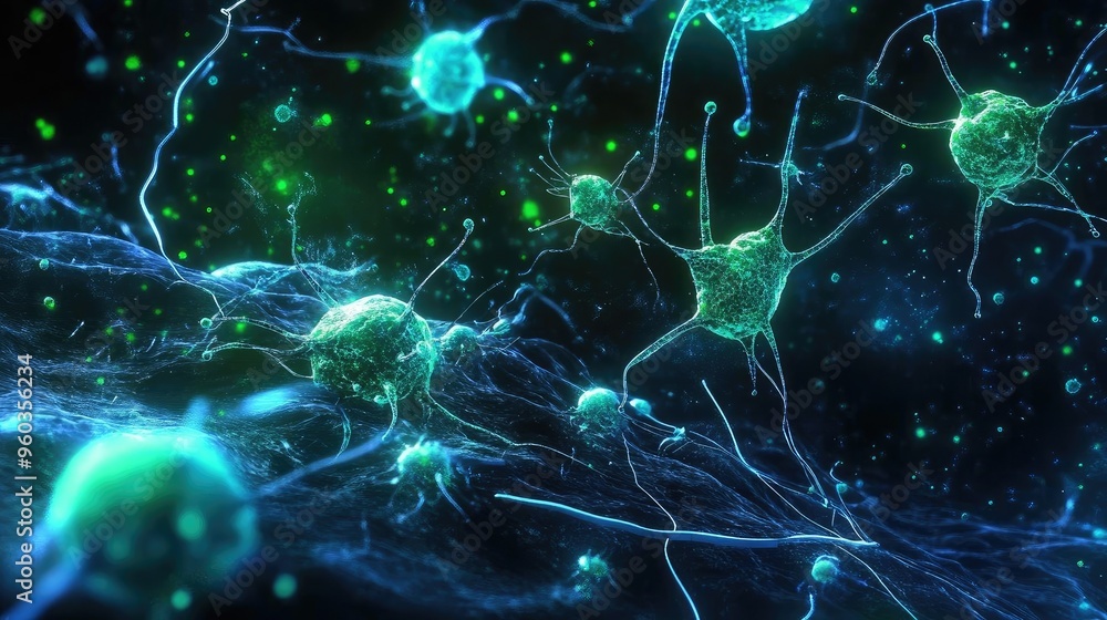 Poster vibrant close-up of neurons and synapses, showcasing intricate connections in a biological network. 