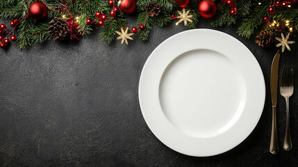Christmas table setting. A beautifully arranged table ready for a holiday meal, featuring a plain plate at the center, adorned with pine and festive fruits, creating a warm atmosphere.