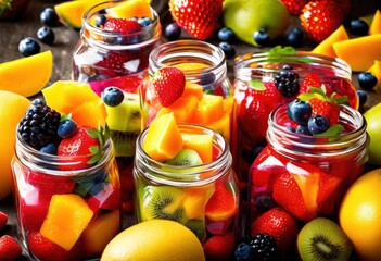 vibrant colorful fruit pops displayed glass jars bright colors juicy fruit varieties, sweet, summer, refreshing, healthy, flavor, delicious, assortment