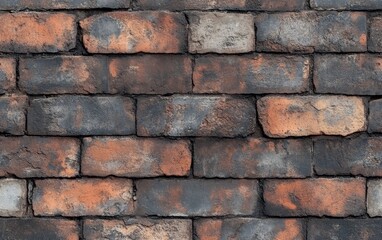 Obraz premium A textured wall made of weathered bricks in shades of gray and orange, showcasing a rustic aesthetic.