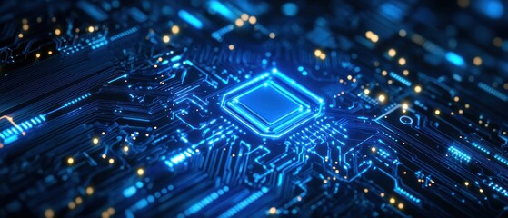 Blue Illuminated Circuit Board with Central Processor