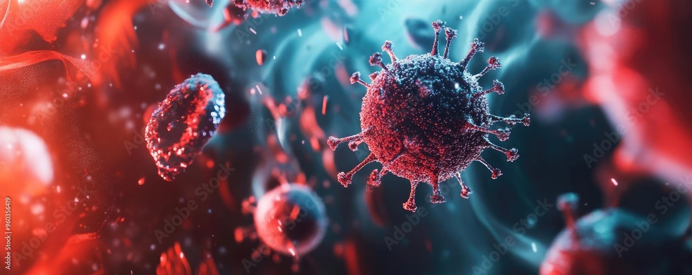 Poster conceptual image of virus cells in vibrant colors, representing the unseen world of microorganisms a