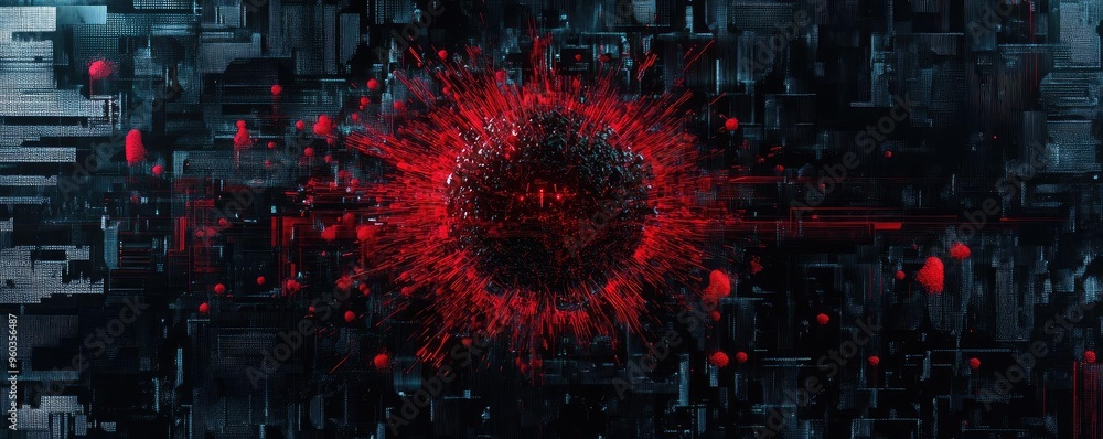 Poster a striking abstract representation of a red explosion, symbolizing energy and chaos amidst a dark di