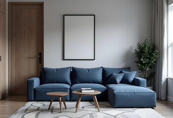 Fototapeta premium Modern Living Room with Blue Sectional Sofa, Two Coffee Tables, and Empty Frame