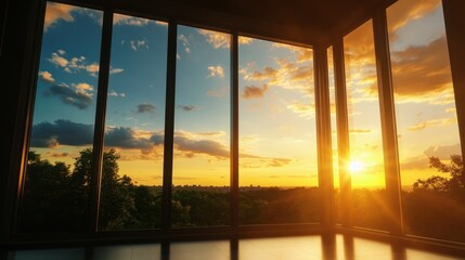 Fototapeta premium Breathtaking sunset view from modern window, showcasing vibrant colors and serene nature, perfect for relaxation and inspiration.