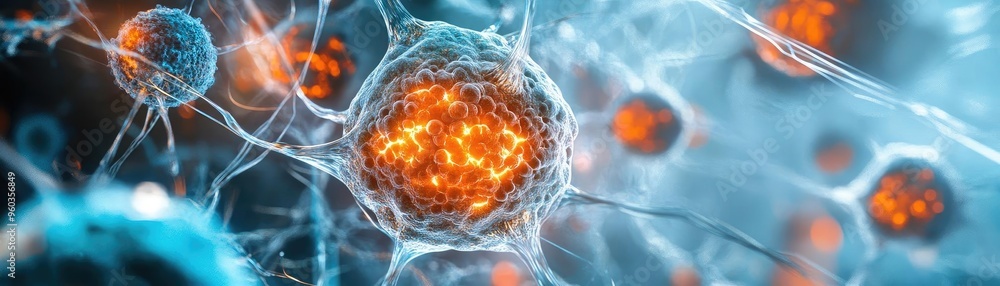 Poster A mesmerizing close-up of vibrant cells showcasing intricate structures and glowing details, ideal for scientific and educational themes.