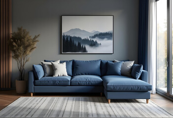 Modern Living Room with Blue Sectional Sofa, Mountain Landscape Artwork, and Plant