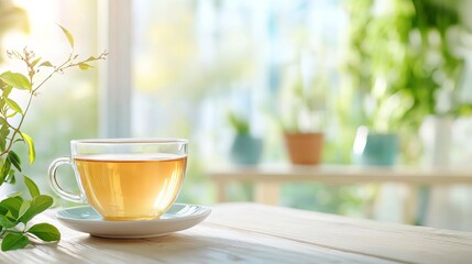 Fototapeta premium Oolong tea in a teacup with antioxidantrich botanicals, soft focus background, calming and healthoriented visual theme
