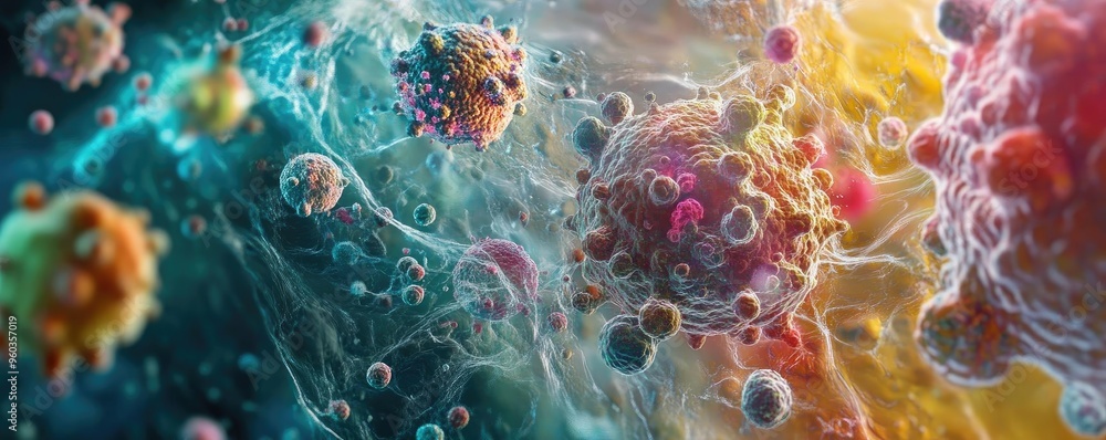 Poster abstract microscopic view of colorful cells and particles, depicting the beauty of biology and scien