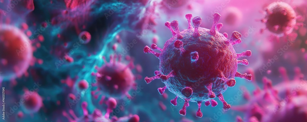 Poster Colorful depiction of a virus structure under a microscope with a vivid background, highlighting intricate cellular features.