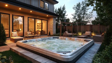 A family-friendly hot tub in a backyard, surrounded by a vibrant play area with swings, outdoor games, and comfortable seating, children laughing and playing,