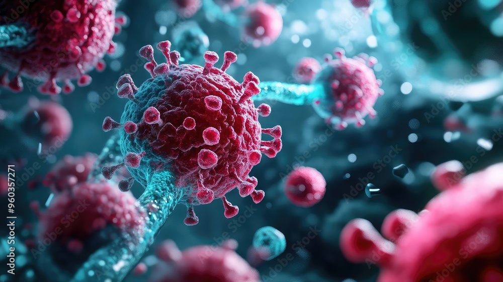 Poster detailed close-up of a virus model, showcasing intricate structures and vibrant colors, ideal for ed