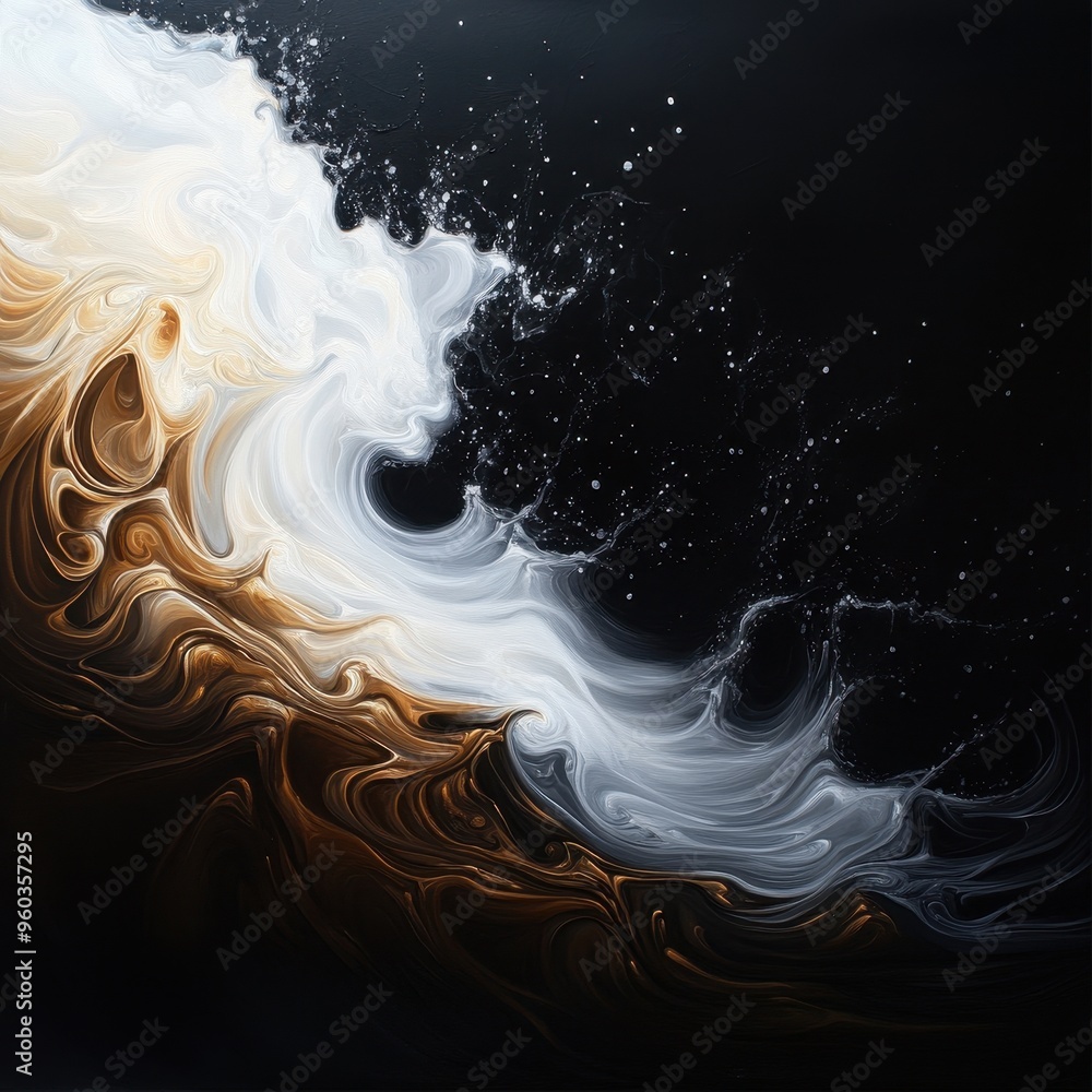 Poster abstract swirling waves of cream and gold on a dark background, creating a dynamic and fluid artisti