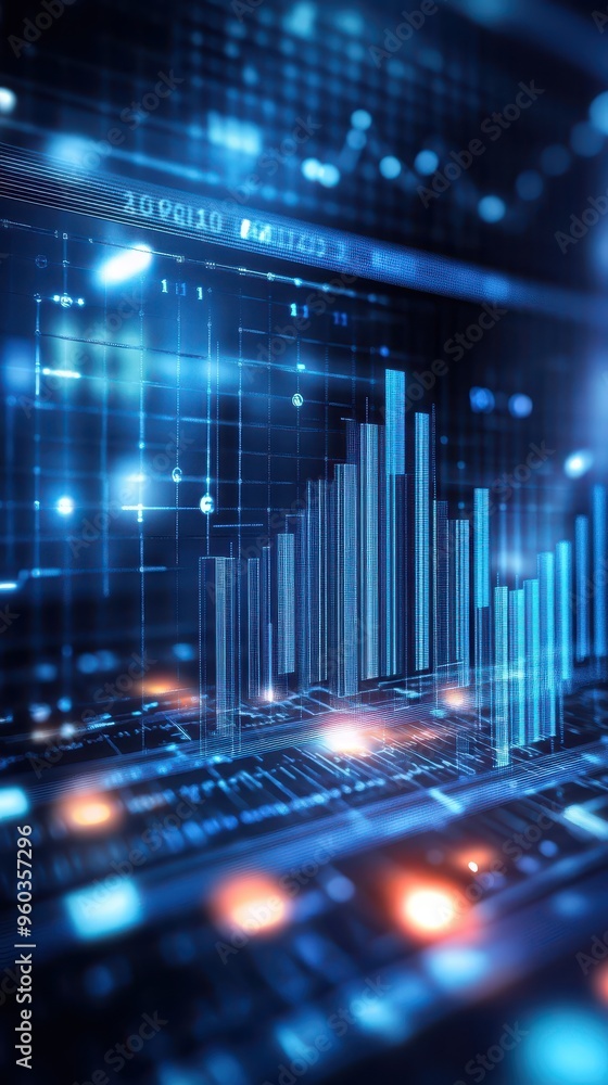 Poster abstract representation of data analysis with glowing graphs and charts in a digital environment, sh