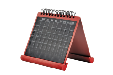 A stylish red desk calendar showcasing an organized layout, perfect for planning and scheduling tasks effectively.