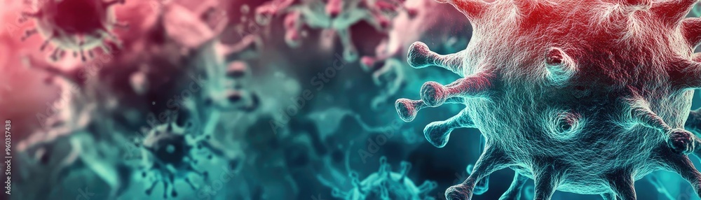 Poster close-up view of virus particles in striking colors, highlighting the intricate details of cellular 