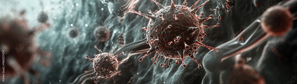 Poster detailed close-up of viruses in a microbial environment, showcasing intricate structures and biologi