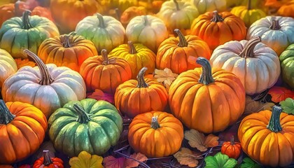 A vibrant background of pumpkins in orange, white, green, and striped colors, densely covering the ground in varied sizes and textures. Top view.