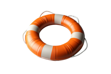 A vibrant orange life buoy with white stripes, perfect for safety and rescue imagery in aquatic environments.
