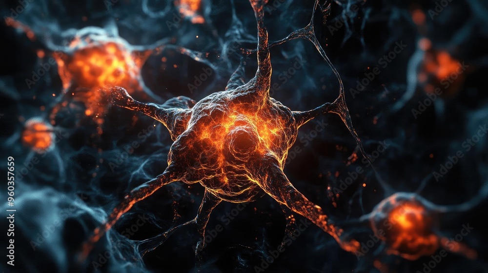 Aufkleber close-up view of glowing neurons in vibrant colors, showcasing the intricate connections within the 
