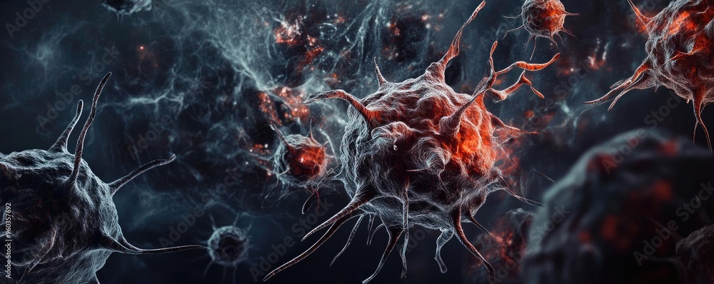 Poster detailed microscopic view of bacteria with vibrant colors, showcasing the complexity of microbial li