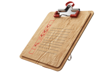 A wooden clipboard with a red clip and checklist, perfect for organization and task management in various settings.