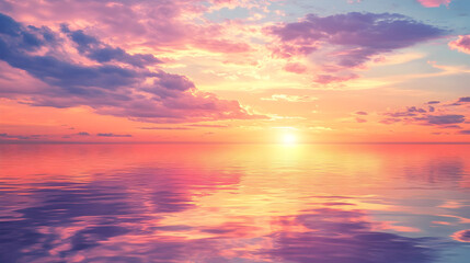 Obraz premium A dramatic sunset over a calm ocean with vibrant hues of orange, pink, and purple reflected on the water’s surface, and a few scattered clouds in the sky.