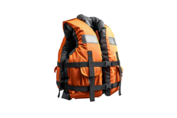 Bright orange life jacket designed for safety in water activities and emergencies. Ideal for boating, kayaking, and recreational use.