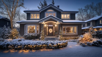 Fototapeta premium Luxury house with Christmas lights on snowy night, New Year celebration, real photo