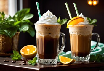 Fototapeta premium iced coffee blend bright refreshing flavors cool beverage experience, drink, vibrant, taste, chilled, espresso, chill, aroma, sweet, smoothness, creamy