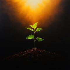 A vibrant green seedling growing from dark soil, illuminated by golden sunlight, symbolizing hope and new beginnings.