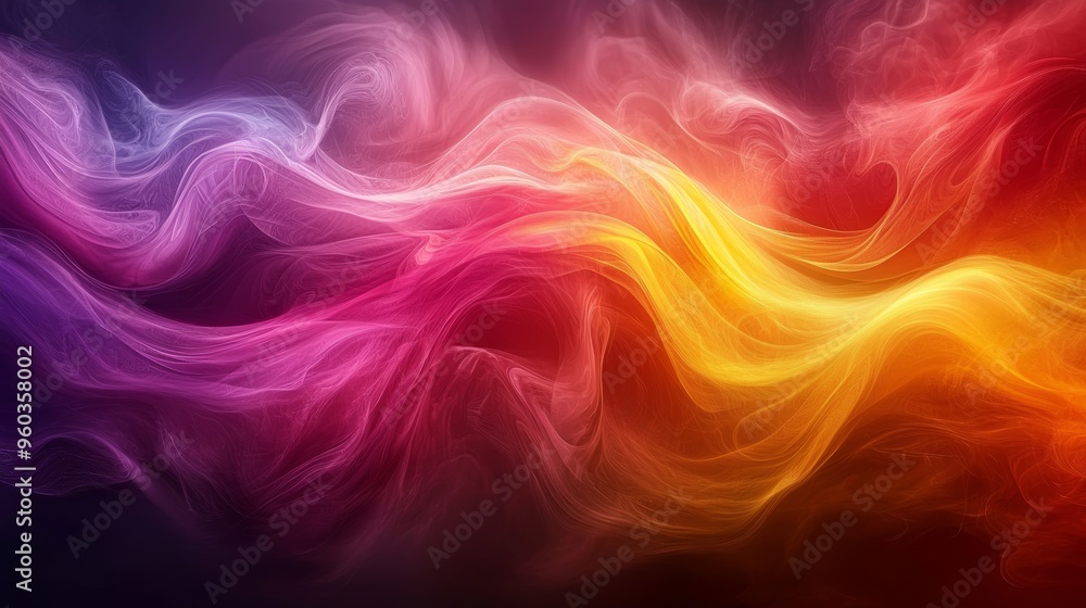 Poster colorful abstract wave patterns in vibrant hues illuminated against a dark background, creating a dy