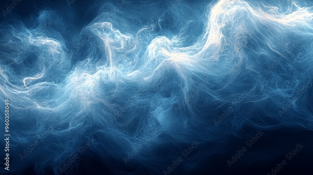 Poster ethereal blue swirls and wisps of smoke illuminate the dark background in a mesmerizing abstract des
