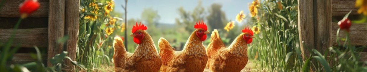 Fototapeta premium A picturesque farm scene featuring three cheerful hens wandering through a sunny garden filled with flowers and fresh greenery.