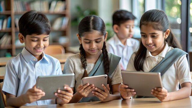 Indian students using tablets with educational apps for interactive learning, showcasing modern educational tools.