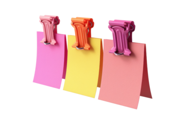 Colorful sticky notes held by clips, ideal for reminders, organization, and office decor, enhancing productivity and creativity.