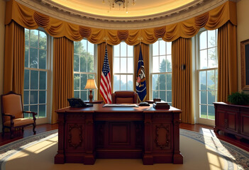 The Oval Office in the White House with Gold Curtains and View of the White House Grounds