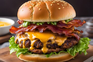 Double bacon cheeseburger with layers of beef patties crispy bacon melted cheese and fresh lettuce, Ai Generated