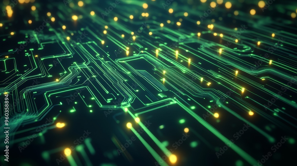 Poster a close-up view of a circuit board with glowing lines and points of light, representing technology a