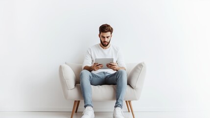 A man in casual attire wearing sneakers, sitting on a small one-seater sofa, using a tablet, set against a clean white background, 